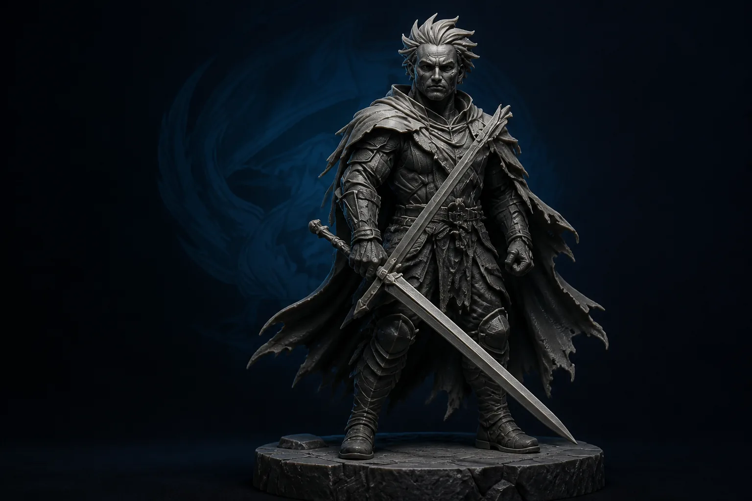 Charcoal 3D printed warrior statue with sword